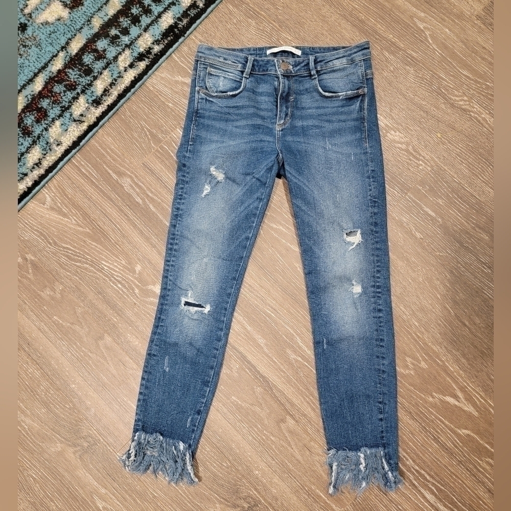 Zara‎ trafaluc denimwear Frayed Step Hem bottom straight leg Size 6 - Picture 2 of 8